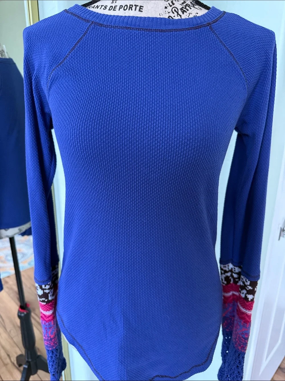 Free People Royal Blue Long-Sleeve Thermal Top with Pink Accent Cuffs